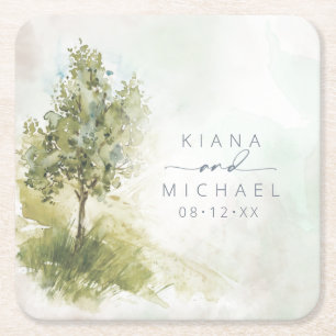Porta-copo De Papel Quadrado Paisagem de aquarela Casamento Sage Verde ID786 Sq