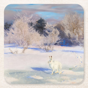 Porta-copo De Papel Quadrado Paisagem de inverno com lebre branca por B. Liljef