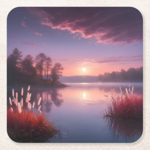 Porta-copo De Papel Quadrado Paisagem do Lago Roxo Sunset Três