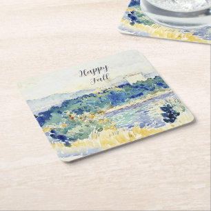 Porta-copo De Papel Quadrado Paisagem em aquarela de outono com texto personali