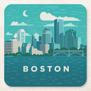 Porta-copo De Papel Quadrado Paisagem Noturna da Cidade de Massachusetts   Cida