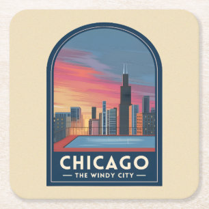 Porta-copo De Papel Quadrado Paisagem Urbana do Pôr do Sol de Chicago Vintage