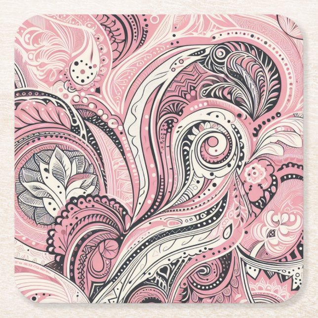Porta-copo De Papel Quadrado Paisley Rosa A Porta copos Home Studio (Frente)