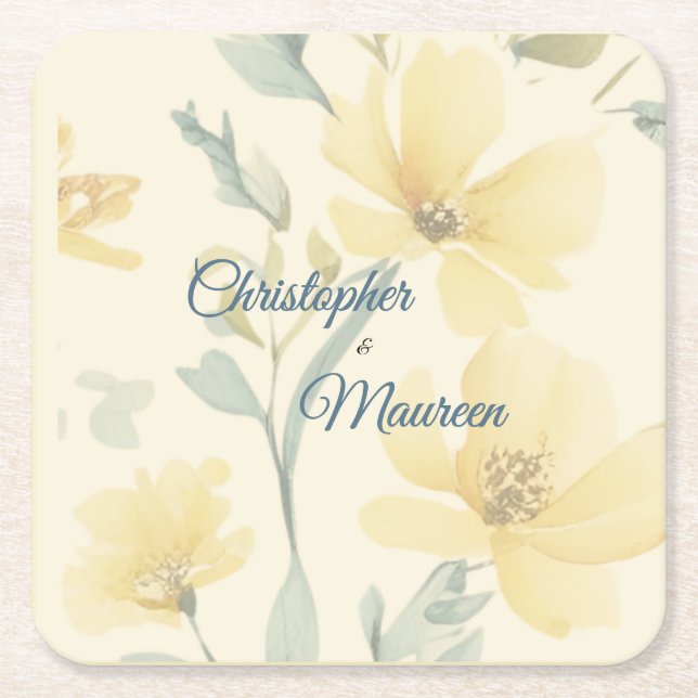 Porta-copo De Papel Quadrado Pale Butter Yellow Soft Blue Floral Wedding (Frente)