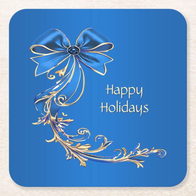 Porta-copo De Papel Quadrado Palhetas de Papel de Festa Flor Dourada Azul (Frente)