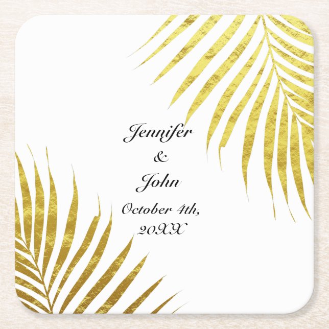 Porta-copo De Papel Quadrado Palm Tree Foliage Gold Foil Deixa Casamentos Legal (Frente)