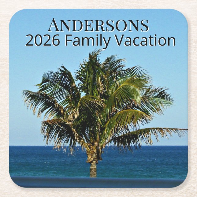 Porta-copo De Papel Quadrado Palm Tree Ocean View | Family Name & Trip Year (Frente)