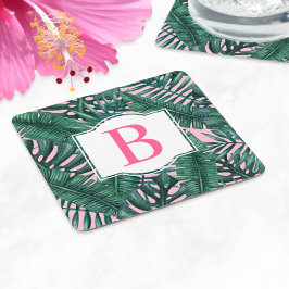 Porta-copo De Papel Quadrado Palma Verde Tropical Deixa Monograma Rosa