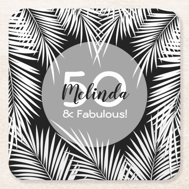 Porta-copo De Papel Quadrado Palmas brancas no aniversário tropical preto (Frente)