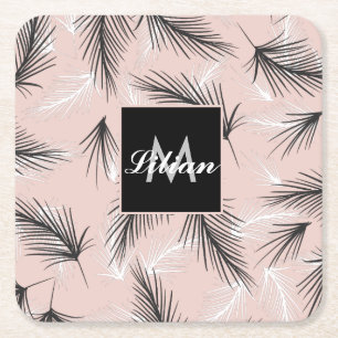 Porta-copo De Papel Quadrado Palmas Preto Branco Tom Terroso Monograma Rosa