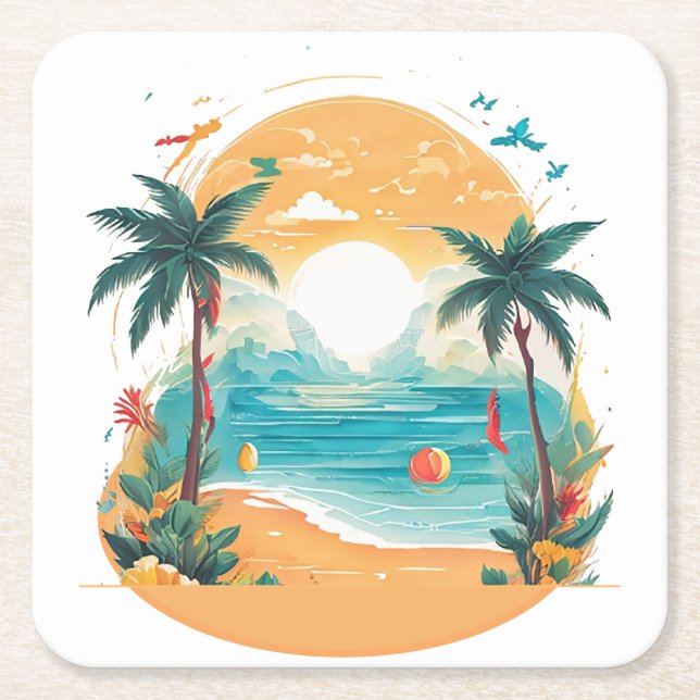 Porta-copo De Papel Quadrado Palmeira de Sun Beach (Frente)