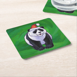 Porta-copo De Papel Quadrado Panda Bear em Santa Chapéu em Verde