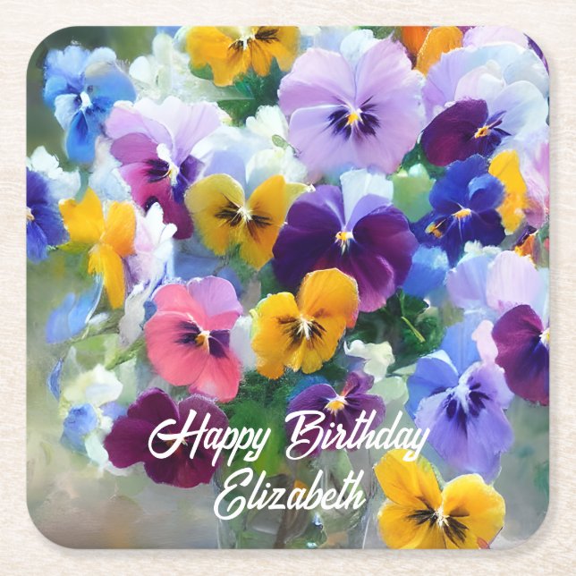 Porta-copo De Papel Quadrado Pansies Happy Birthday (Frente)