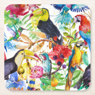 Porta-copo De Papel Quadrado Papagaios coloridos 2 da aguarela