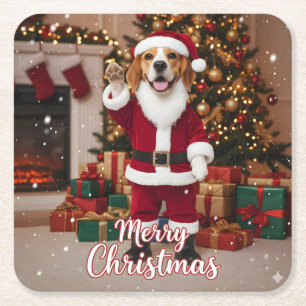Porta-copo De Papel Quadrado Papai Noel Beagle Feliz Natal - Beagle Xmas Cachor