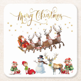 Porta-copo De Papel Quadrado Papai Noel com renas puxando seu trenó