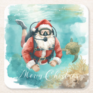 Porta-copo De Papel Quadrado Papai Noel de Mergulho no Natal Subaquático