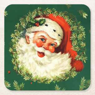 Porta-copo De Papel Quadrado Papai noel do vintage, grinalda do pinho, Natal do