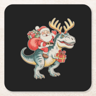 Porta-copo De Papel Quadrado Papai Noel montado em dinossauro T-Rex Natal Festa