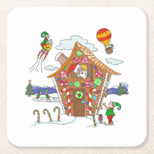 Porta-copo De Papel Quadrado Papais noeis de Cena de Natal em Quadrinhos Elves