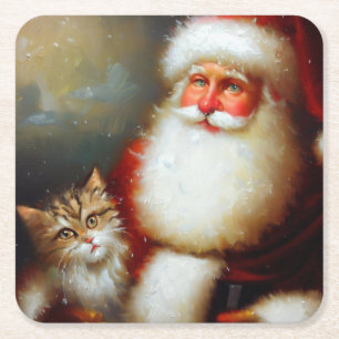 Porta-copo De Papel Quadrado Papais noeis de Natal e um Gato 2
