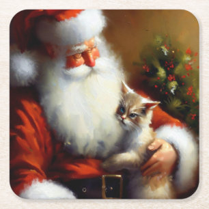 Porta-copo De Papel Quadrado Papais noeis de Natal e um Gato 3