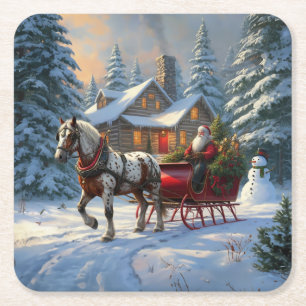 Porta-copo De Papel Quadrado Papais noeis de Sleigh de um cavalo natalino