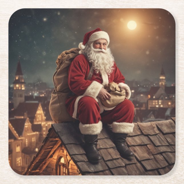 Porta-copo De Papel Quadrado Papais noeis no telhado (Frente)