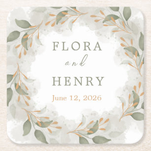 Porta-copo De Papel Quadrado Papelaria de casamento em aquarela com eucalipto e