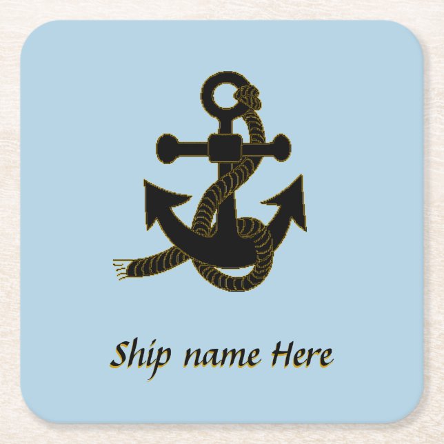 Porta-copo De Papel Quadrado Paper Coaster - Ship's Black Anchor and name (Frente)