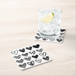 Porta-copo De Papel Quadrado Paper Coasters - Corações Preto & Branco