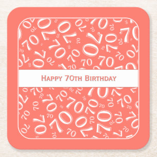Porta-copo De Papel Quadrado "Parabéns ao 70" Coral/Padrão do Número Branco