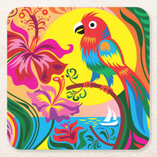 Porta-copo De Papel Quadrado Paraíso de Papagaio Tropical