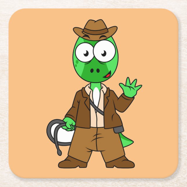 Porta-copo De Papel Quadrado Parasaurolophus Vestido Como Indiana Jones. (Frente)