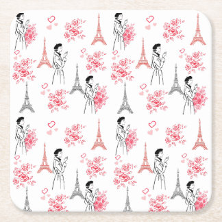 Porta-copo De Papel Quadrado Paris Love Pattern – Eiffel Tower & Roses Seamless