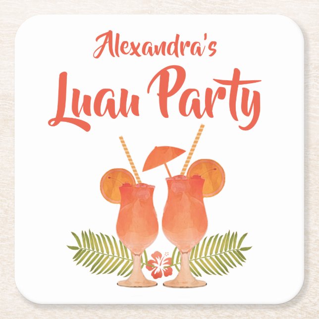 Porta-copo De Papel Quadrado Partido de Luau, Luau, bebidas tropicais, MAI Tais (Frente)