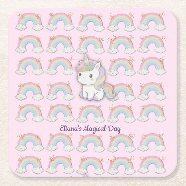 Porta-copo De Papel Quadrado Partido Magical Unicorn Pastel Rainbow (Frente)