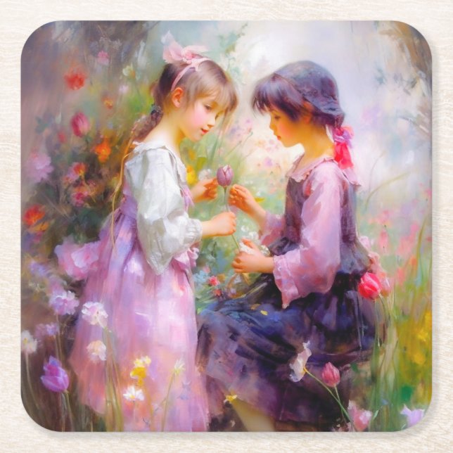 Porta-copo De Papel Quadrado Partilhar Rosas e Amizade (Frente)