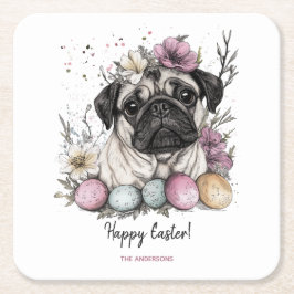 Porta-copo De Papel Quadrado Páscoa pug aquarela floral