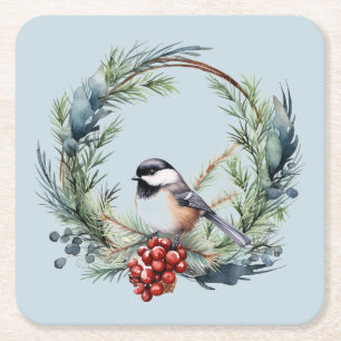 Porta-copo De Papel Quadrado Pássaro Chickadee de Natal na Arte Wreath