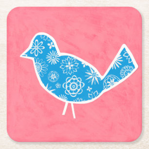 Porta-copo De Papel Quadrado Pássaro Decorativo com Padrões em Fundo Rosa