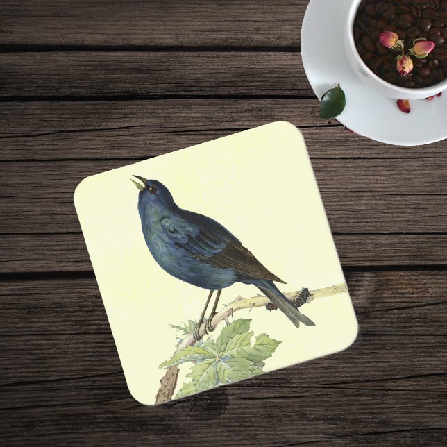 Porta-copo De Papel Quadrado Pássaro Negro Elegante amarelo-pintado (Pretty singing black bird on branch caterpillar leaves on yellow paper drink coaster.)