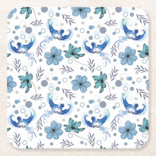 Porta-copo De Papel Quadrado Pássaros Azuis e Harmonia Floral Padrão Sem Costur