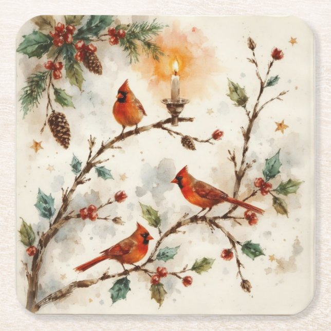 Porta-copo De Papel Quadrado Pássaros de Natal (Frente)