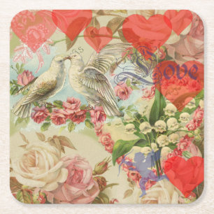Porta-copo De Papel Quadrado Pássaros do Amor Vintage Antigo Coração
