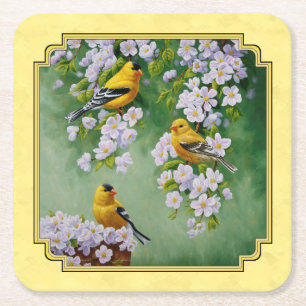 Porta-copo De Papel Quadrado Pássaros Goldfinch e Blossomas de Maçã Amarelos