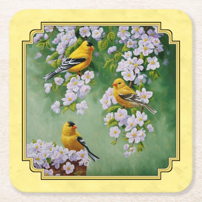 Porta-copo De Papel Quadrado Pássaros Goldfinch e Blossomas de Maçã Amarelos (Frente)