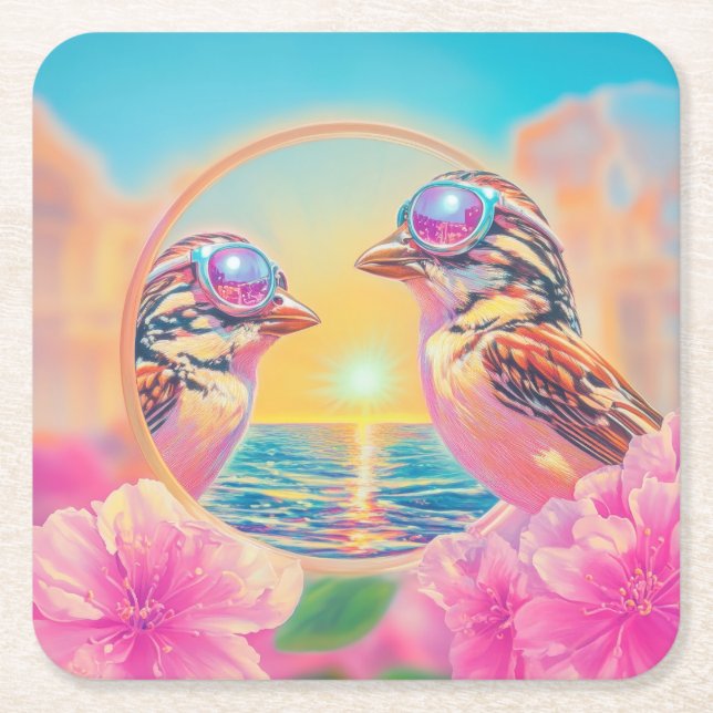 Porta-copo De Papel Quadrado Pássaros legal com óculos Sunset (Frente)