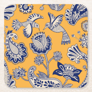 Porta-copo De Papel Quadrado Pássaros Paisley Flores Padrão de Vintagem