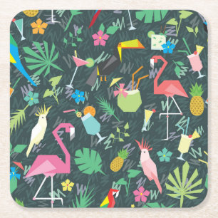 Porta-copo De Papel Quadrado Pássaros Tropicais Bebem: Vibrante Sem Costura.
